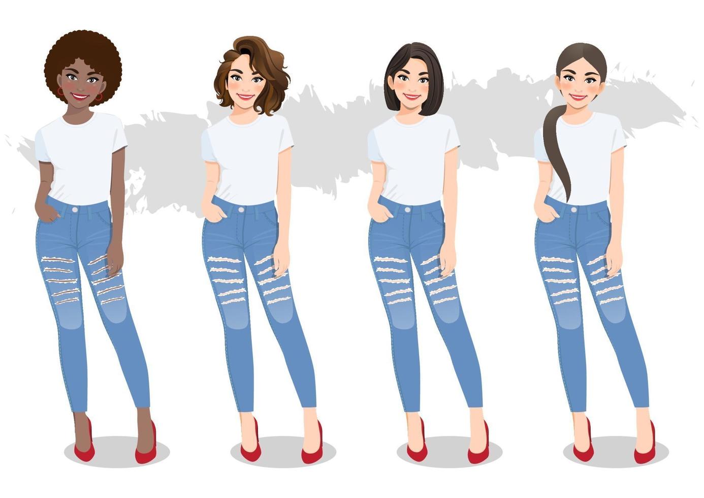 Conjunto de diversas chicas con diferentes peinados en camisetas blancas y vector de blue jeans