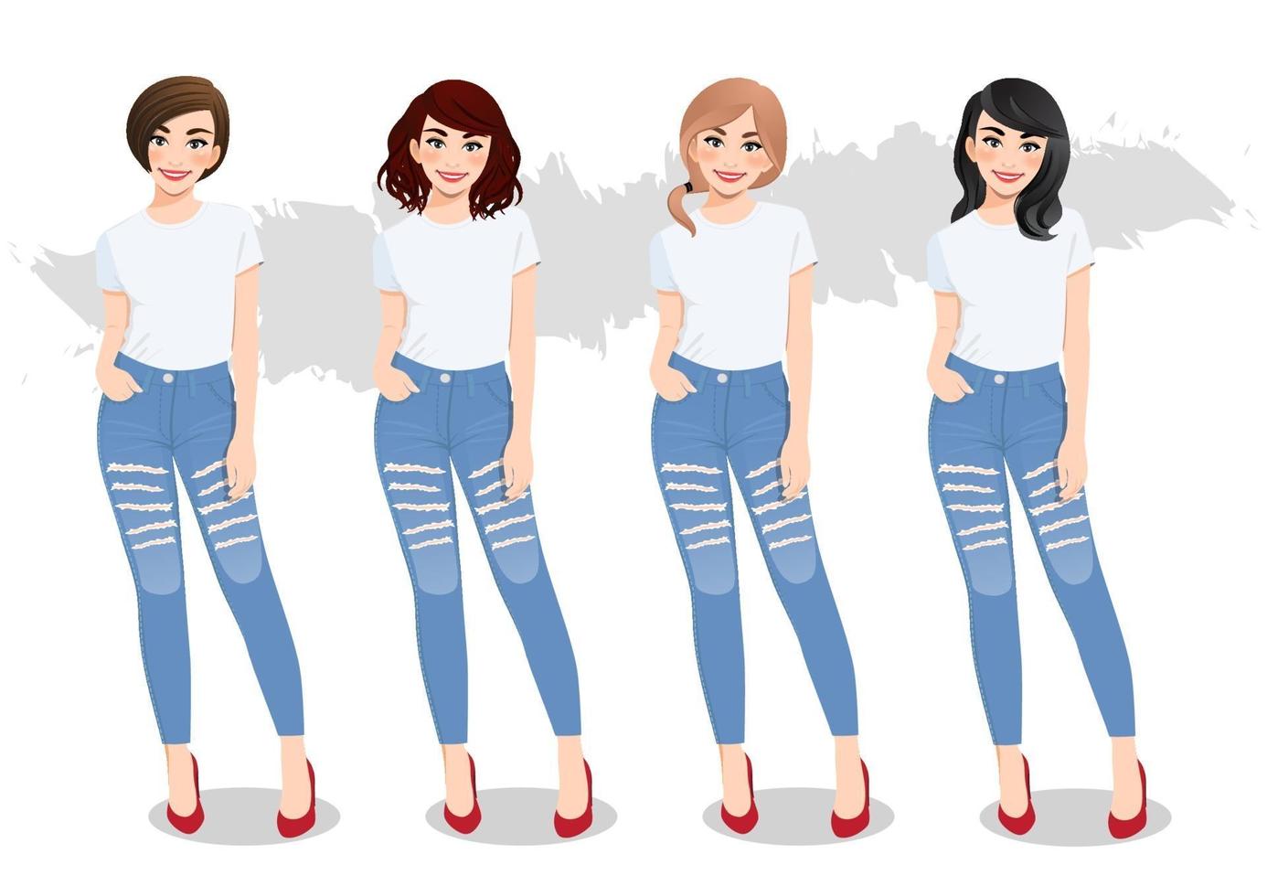 Conjunto de diversas chicas con diferentes peinados en camisetas blancas y vector de blue jeans