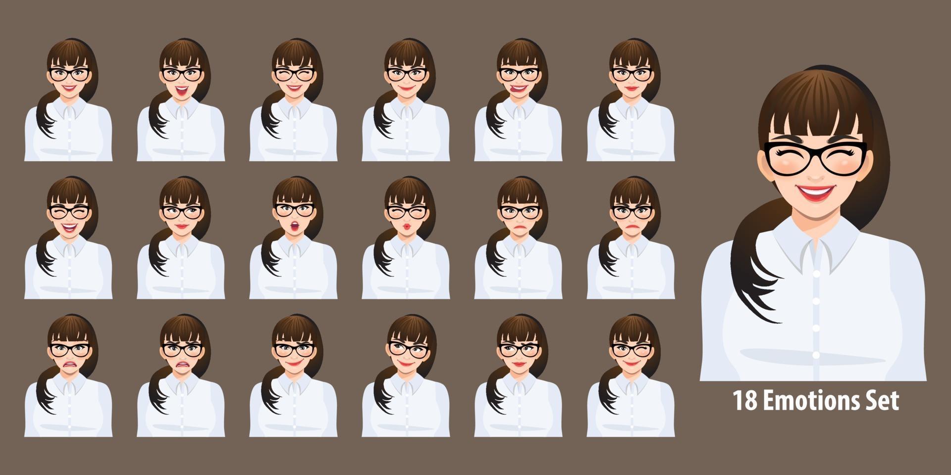Plus size business woman in white shirt with different facial expressions set isolated in cartoon character style vector illustration