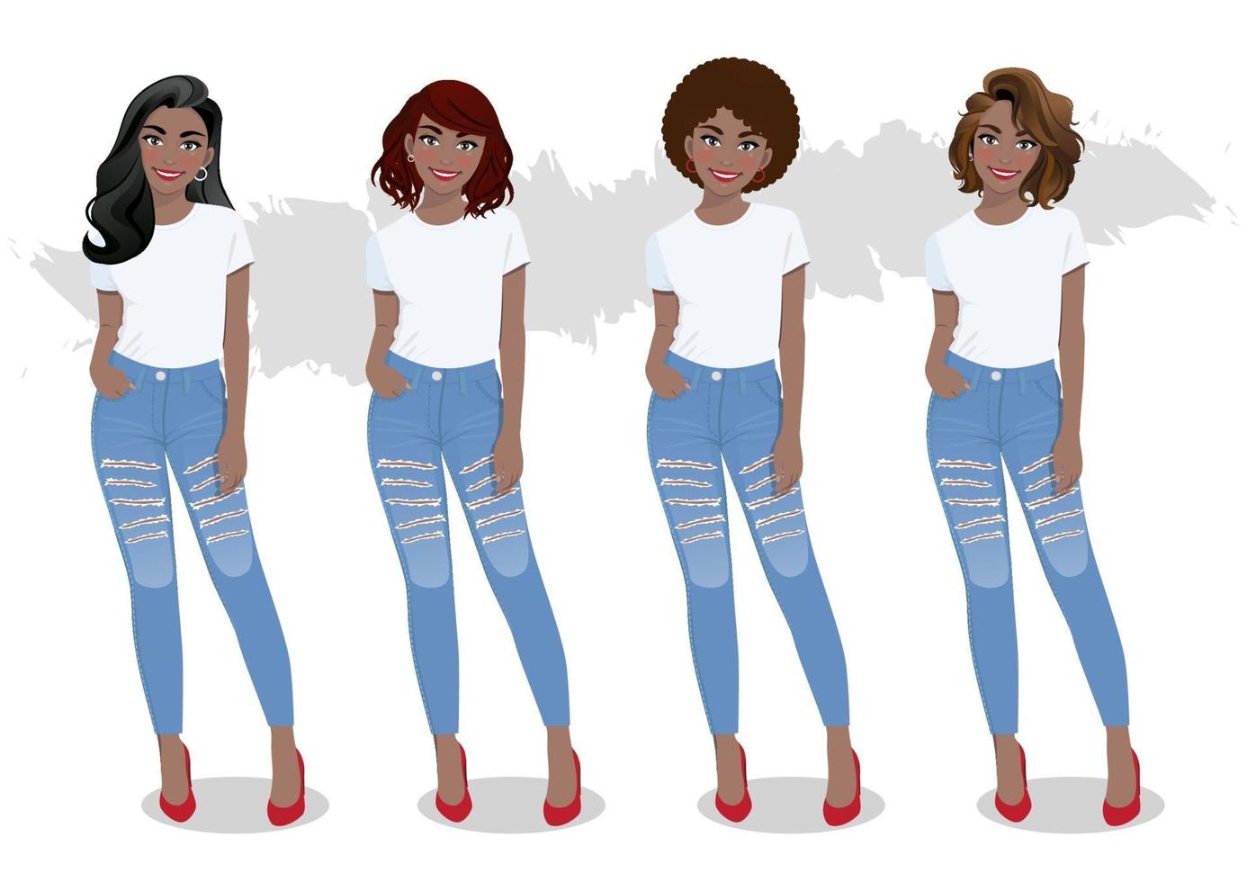 conjunto de chicas afroamericanas con diferentes peinados en camisetas blancas y vector de blue jeans