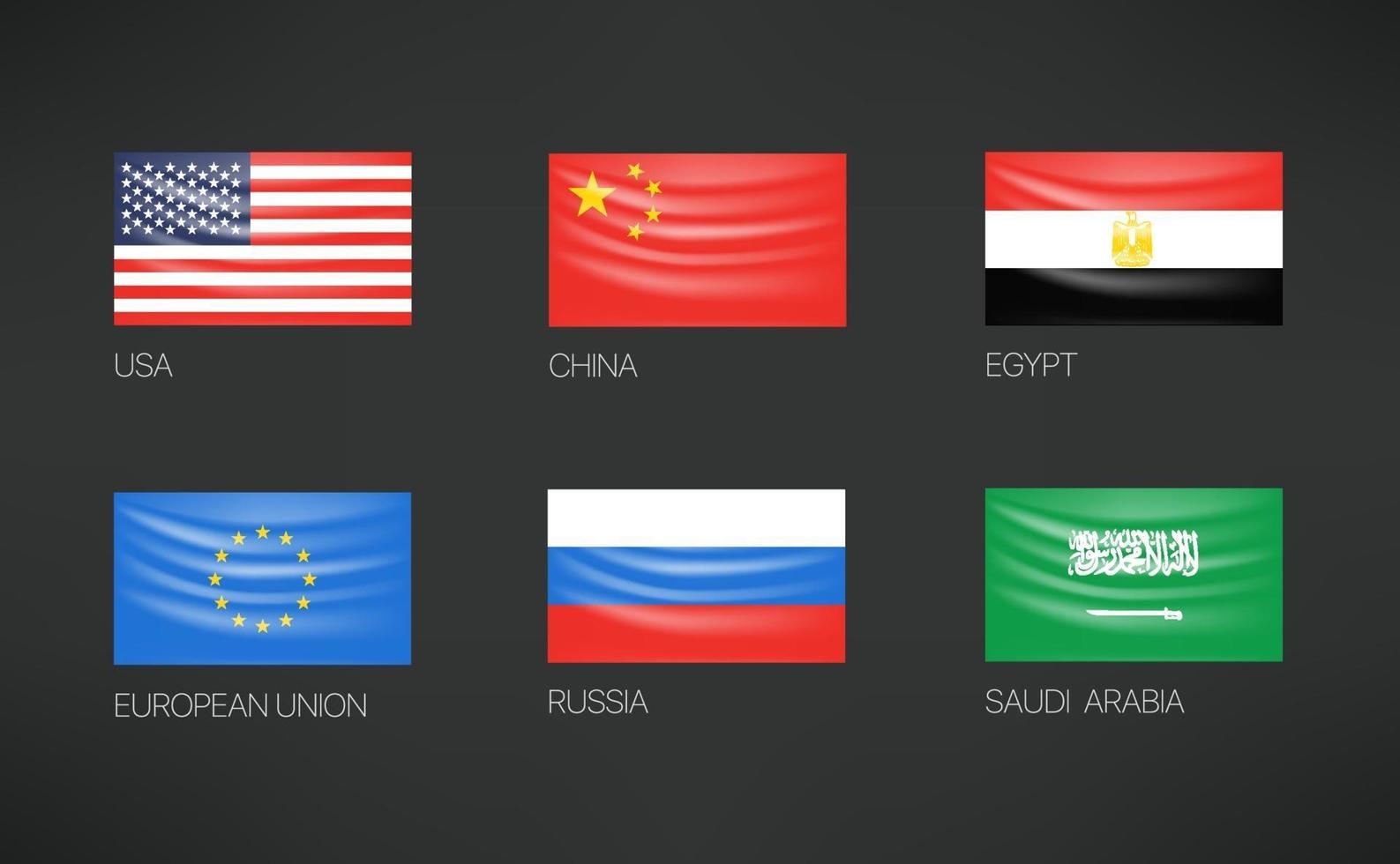 Waving flags vector set. USA, China, Egypt, European union, Russia, Saudi Arabia