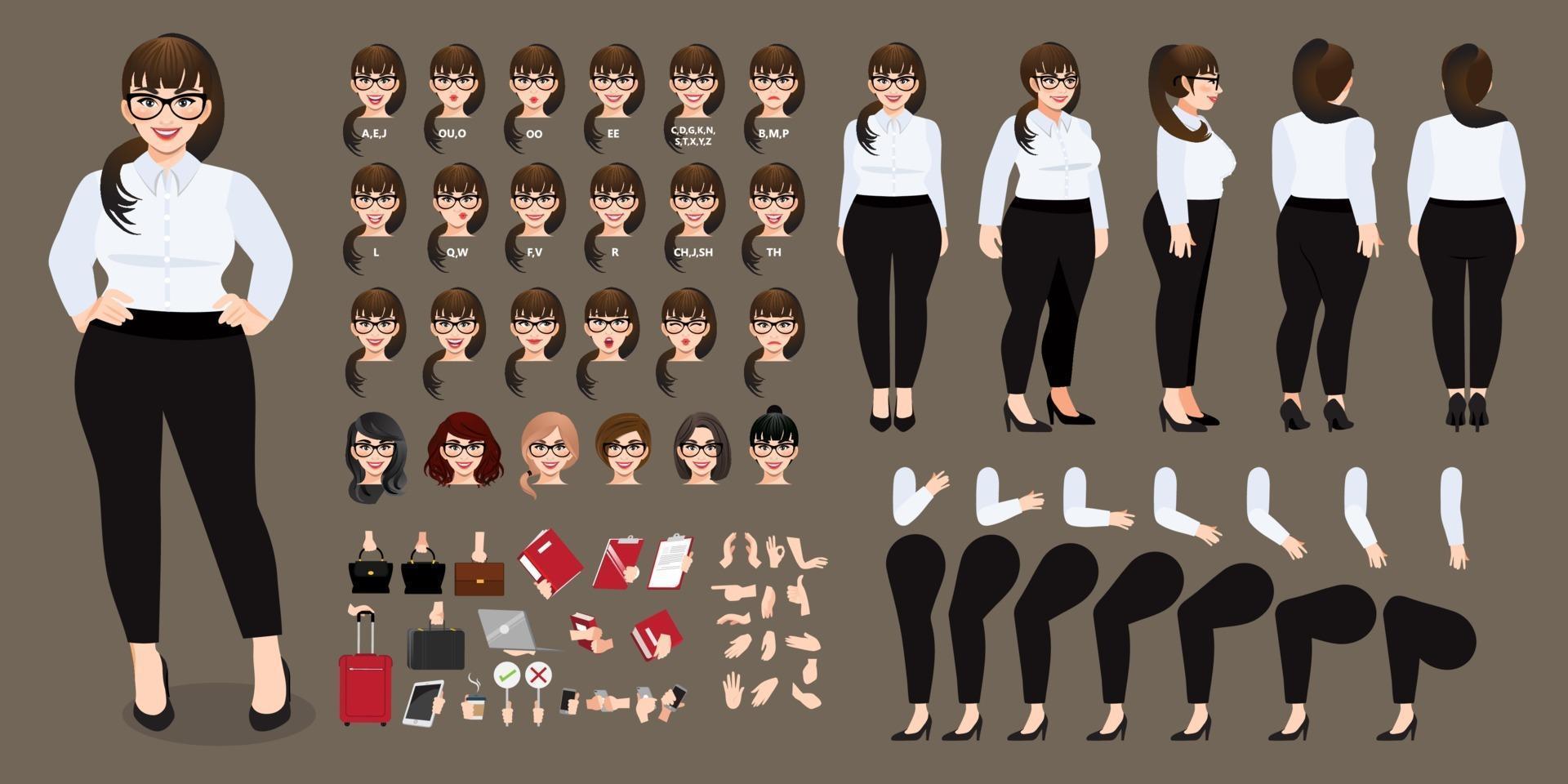 Plus size businesswoman cartoon character in white shirt creation set with various views, hairstyles, face emotions, lip sync and poses. Parts of body template for design vector