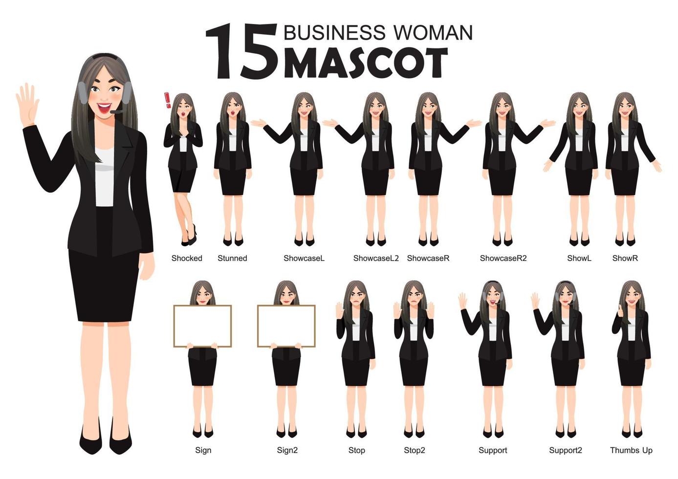 15 Business Woman Mascot in Black Suit, cartoon character style poses set vector illustration