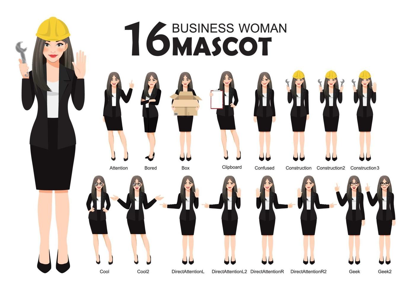 16 mascota de mujer de negocios en traje negro, estilo de personaje de dibujos animados plantea establecer ilustración vectorial vector