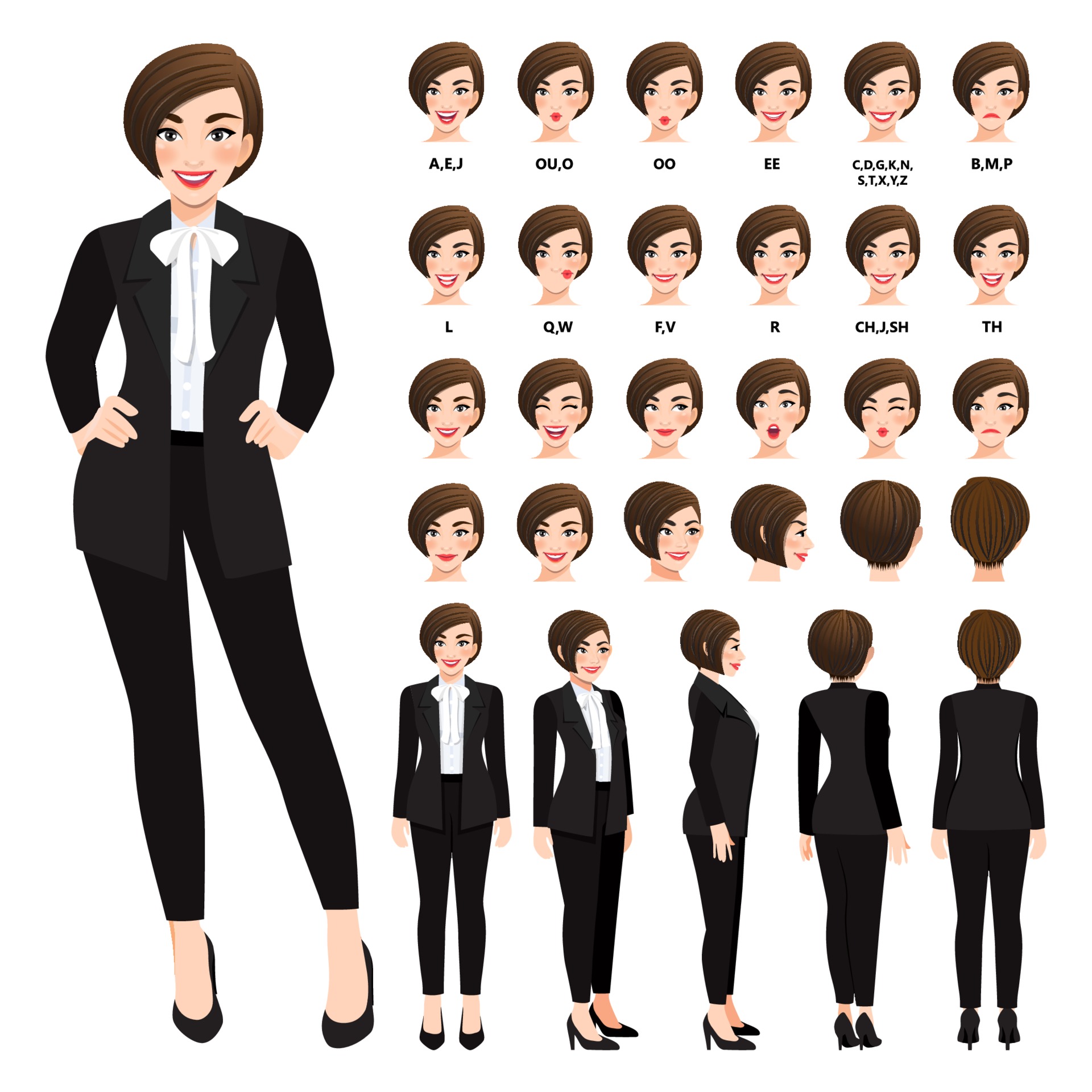 Cartoon character with business woman in black suit for animation. Front,  side, back, 3-4 view character. Separate parts of body. Flat vector  illustration 2218497 Vector Art at Vecteezy