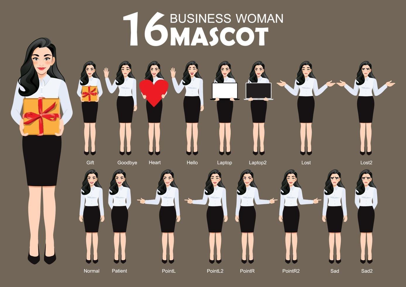 16 Businesswoman Mascot, cartoon character style poses set vector illustration