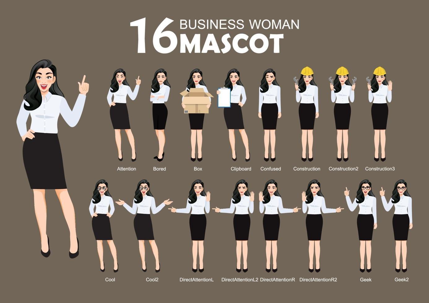 16 Businesswoman Mascot, cartoon character style poses set vector illustration