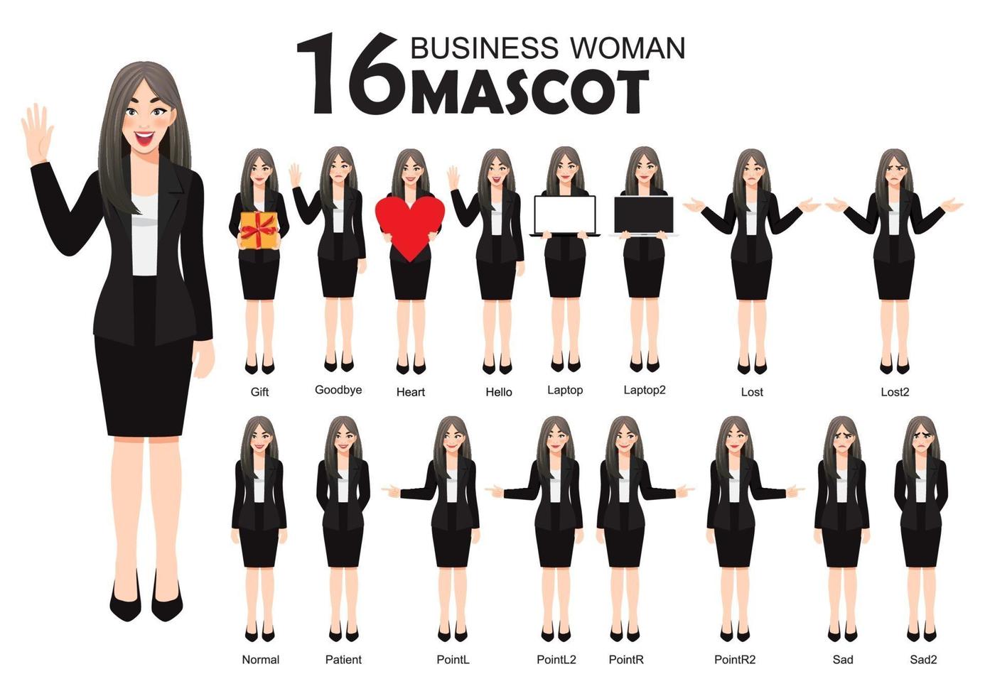 16 Businesswoman Mascot in Black Suit, cartoon character style poses set vector illustration