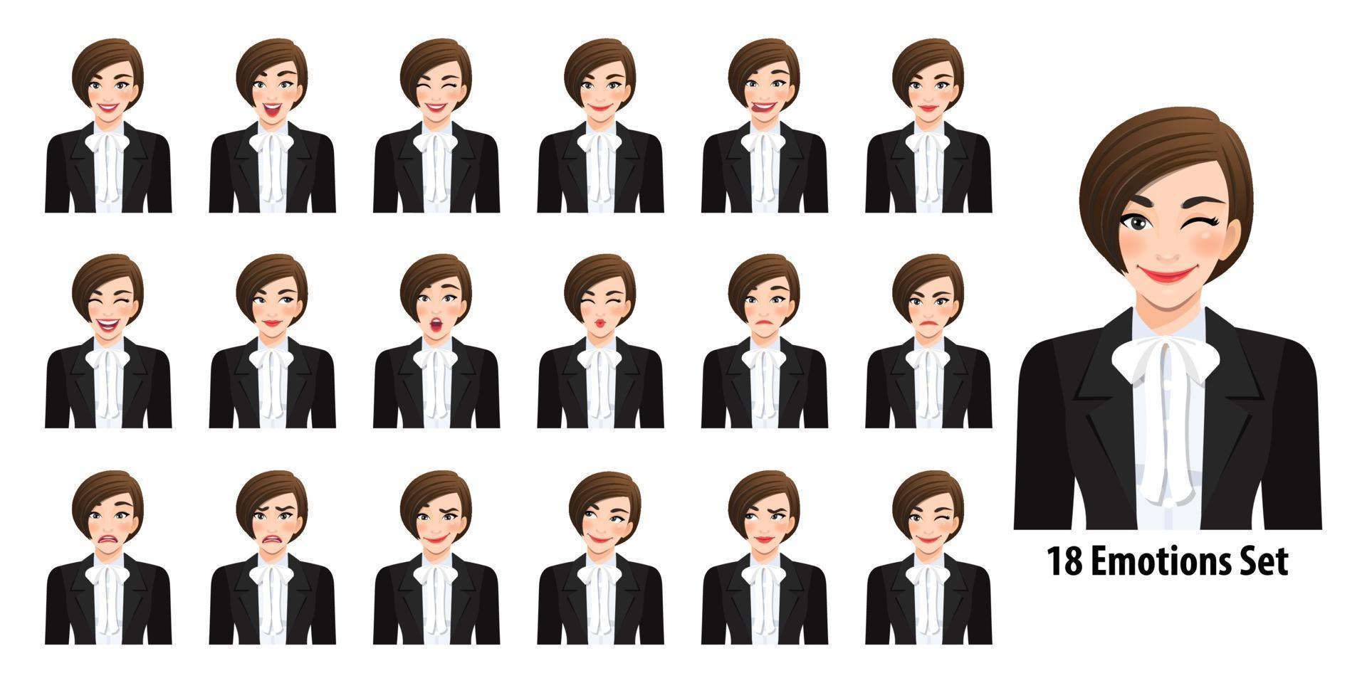 Beautiful businesswoman in black suit with different facial expressions set isolated in cartoon character style vector illustration