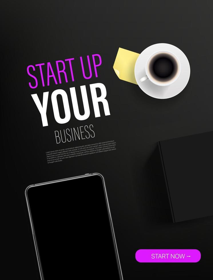 Start up your business promo landing page template with paper book and modern tablet vector