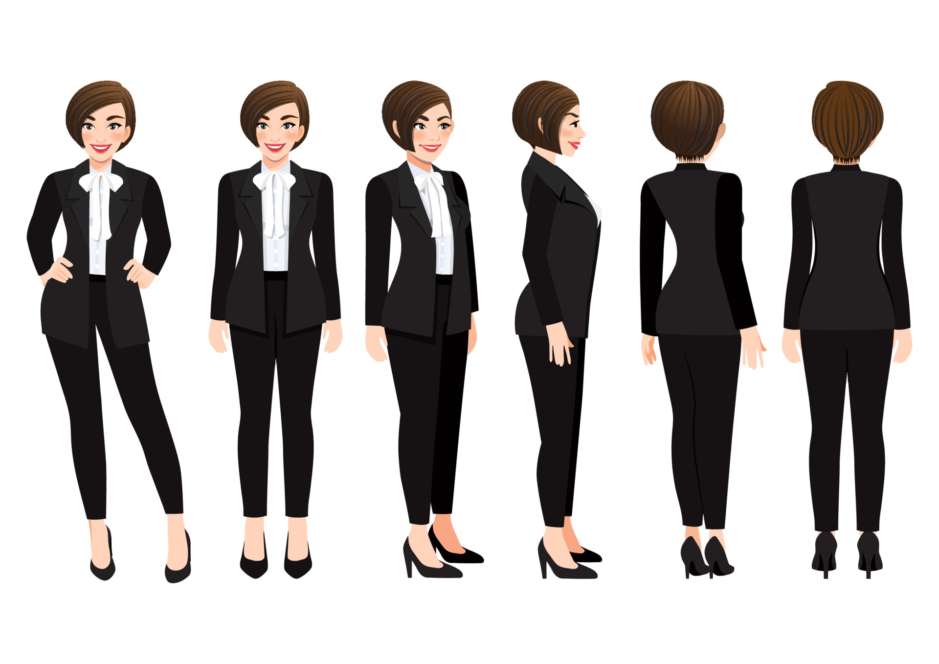 Cartoon character with business woman in black suit for animation. Front,  side, back, 3-4 view character. Vector illustration 2218581 Vector Art at  Vecteezy