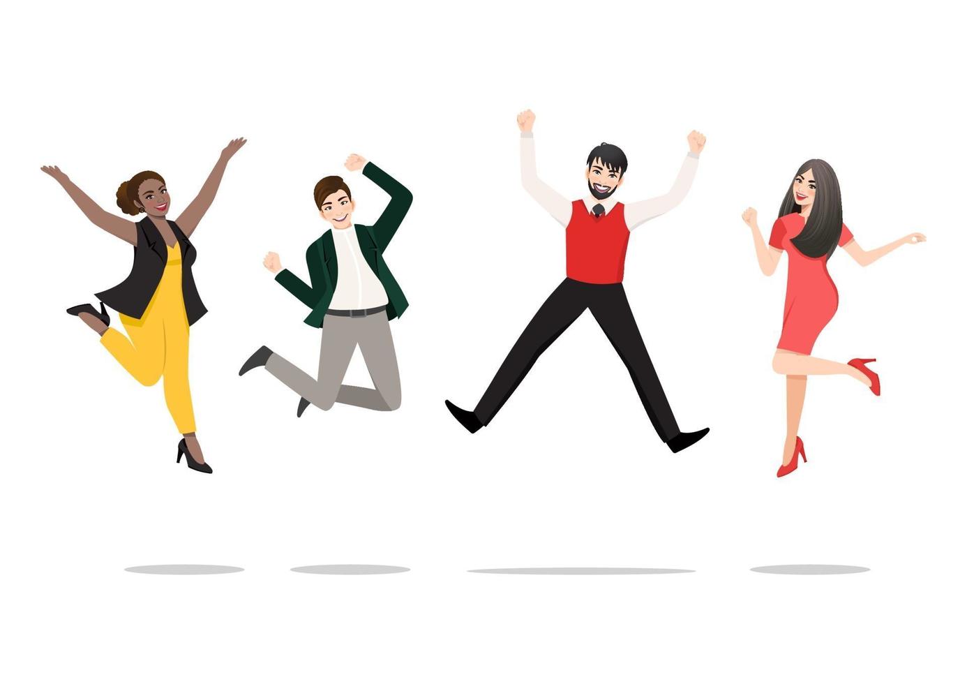 Businesspeople jumping celebrating victory. Cheerful multiracial people celebrating together. A diverse group of happy company team colleagues jumping. Flat vector winning characters collection