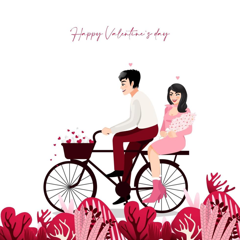 pareja de dibujos animados sentado en una bicicleta en fondo blanco. ilustración de vector de festival de san valentín