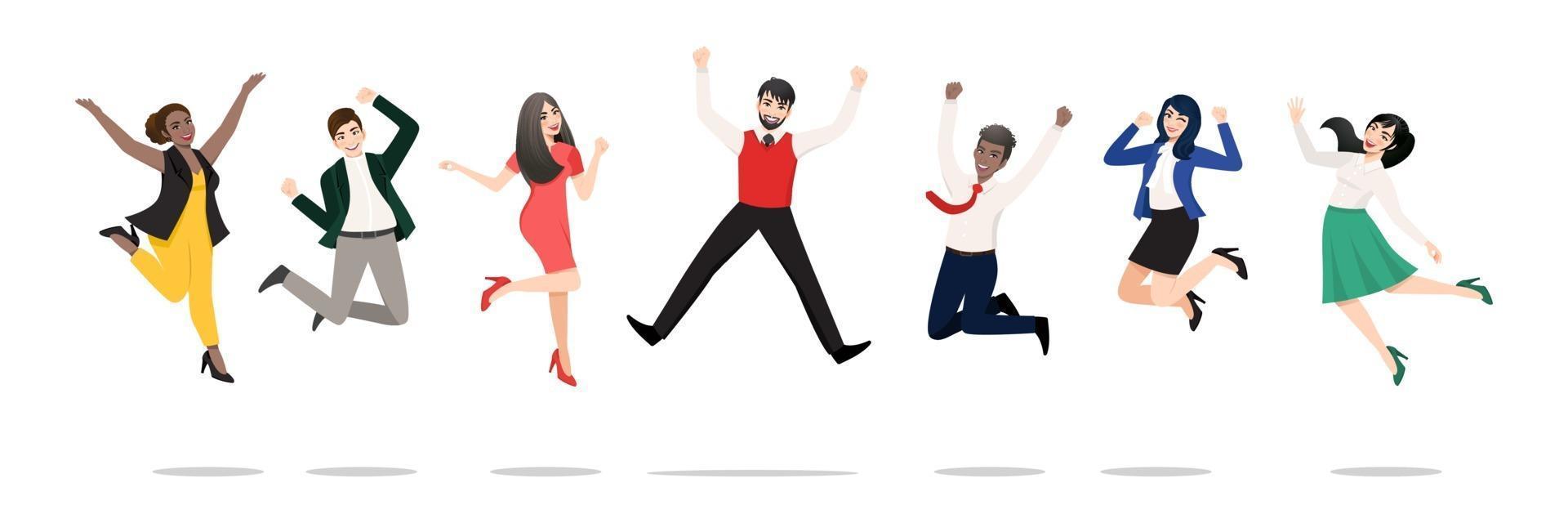 Businesspeople jumping celebrating victory. Cheerful multiracial people celebrating together. A diverse group of happy company team colleagues jumping. Flat vector winning characters collection