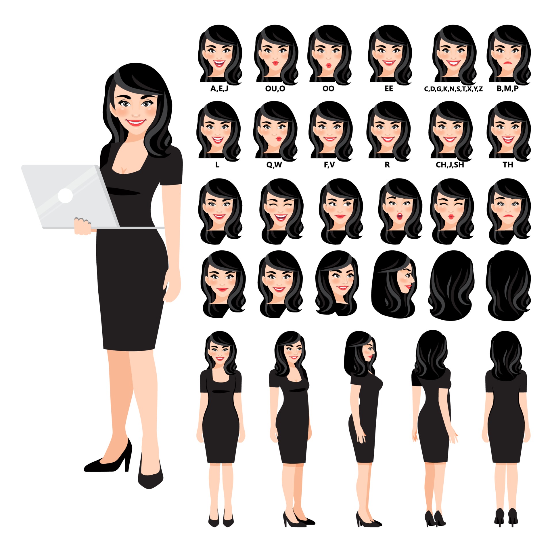 Cartoon character with business woman in black dress for animation. Front,  side, back, 3-4 view character. Separate parts of body. Vector  illustration. 2218604 Vector Art at Vecteezy