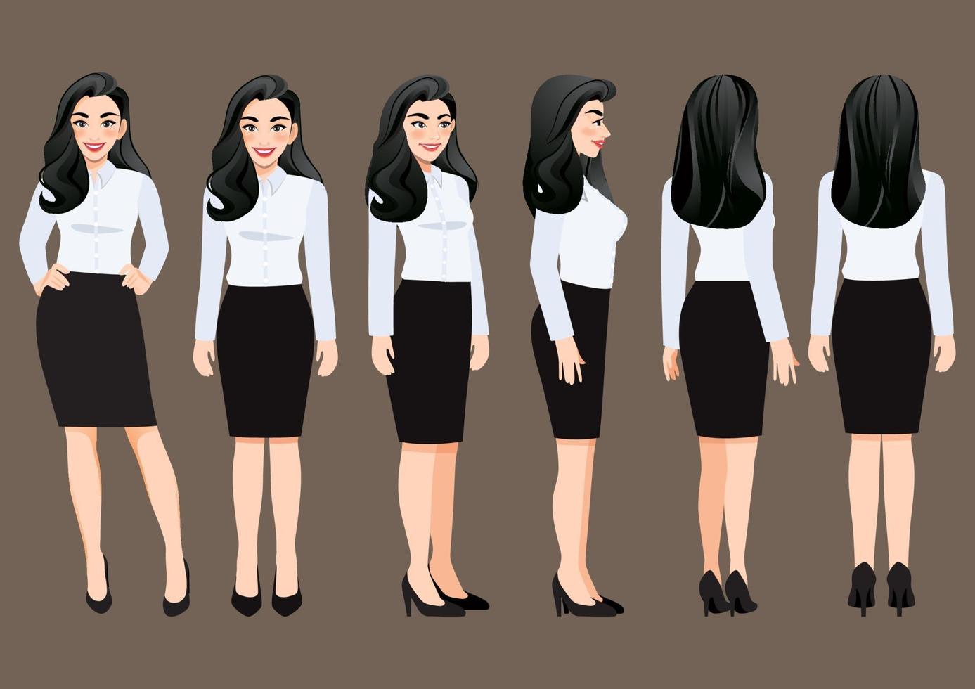 Cartoon character with business woman in white shirt for animation. Front, side, back, 3-4 view character. Vector illustration.