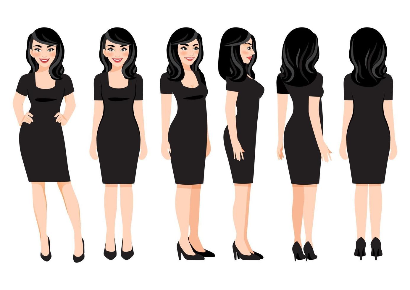 personaje de dibujos animados con mujer de negocios en vestido negro para animación. Carácter de vista frontal, lateral, posterior, 3-4. ilustración vectorial. vector