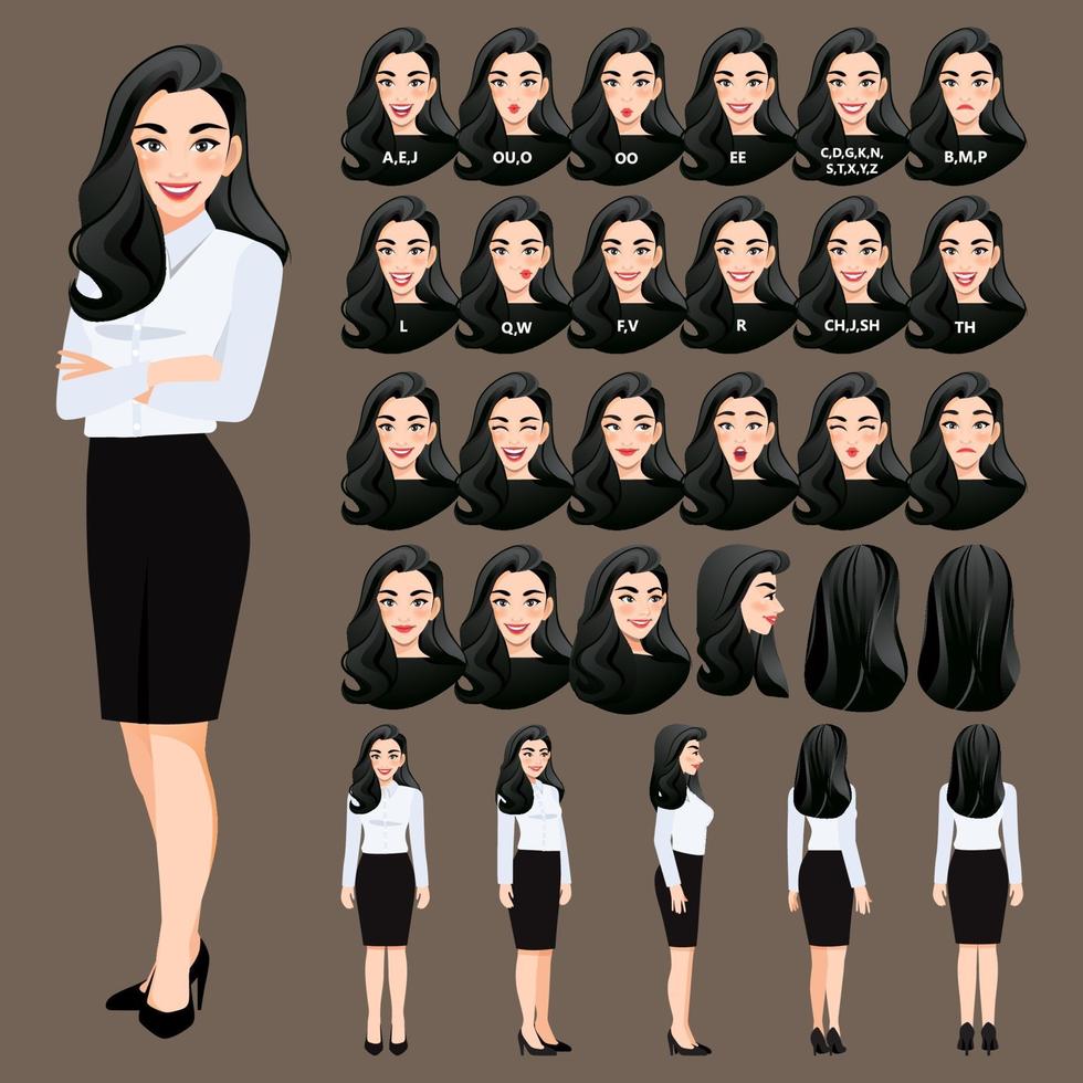 Cartoon character with business woman in white shirt for animation. Front, side, back, 3-4 view character. Lip sync. Vector illustration.