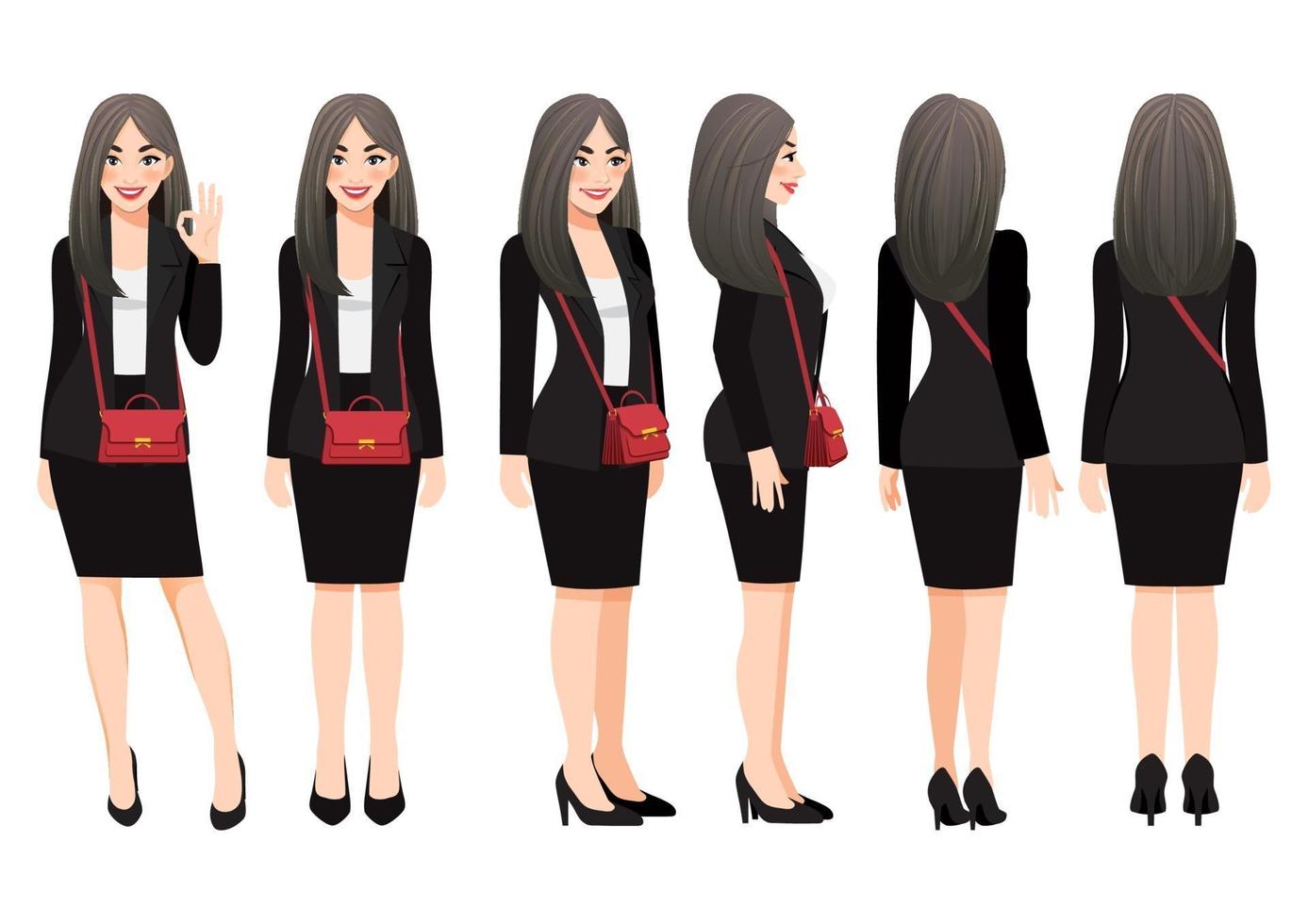 Cartoon character with business woman in black suit and shoulder bag for animation. Front, side, back, 3-4 view character. Vector illustration.