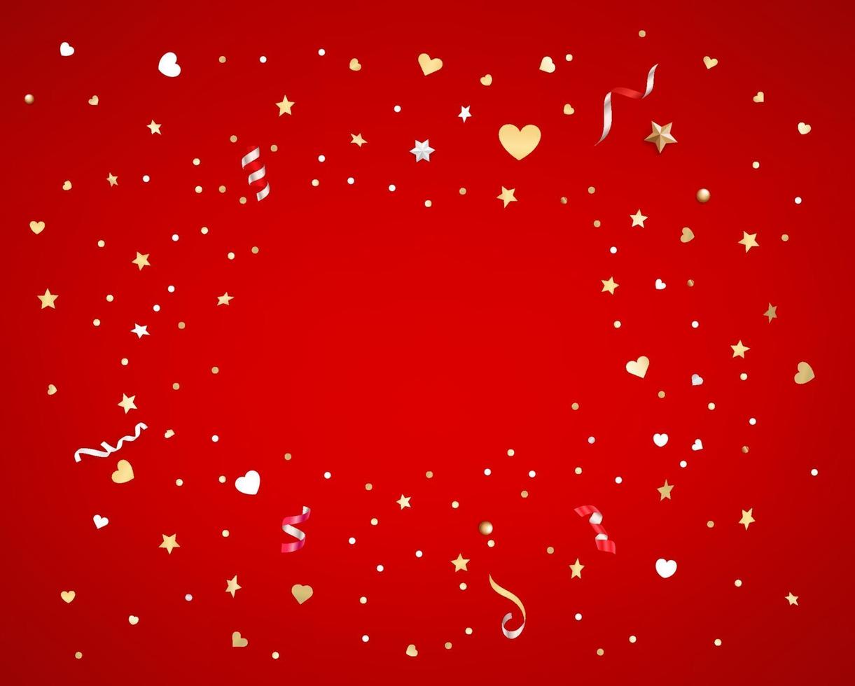 Confeti de estrellas y corazones sobre fondo rojo. vector