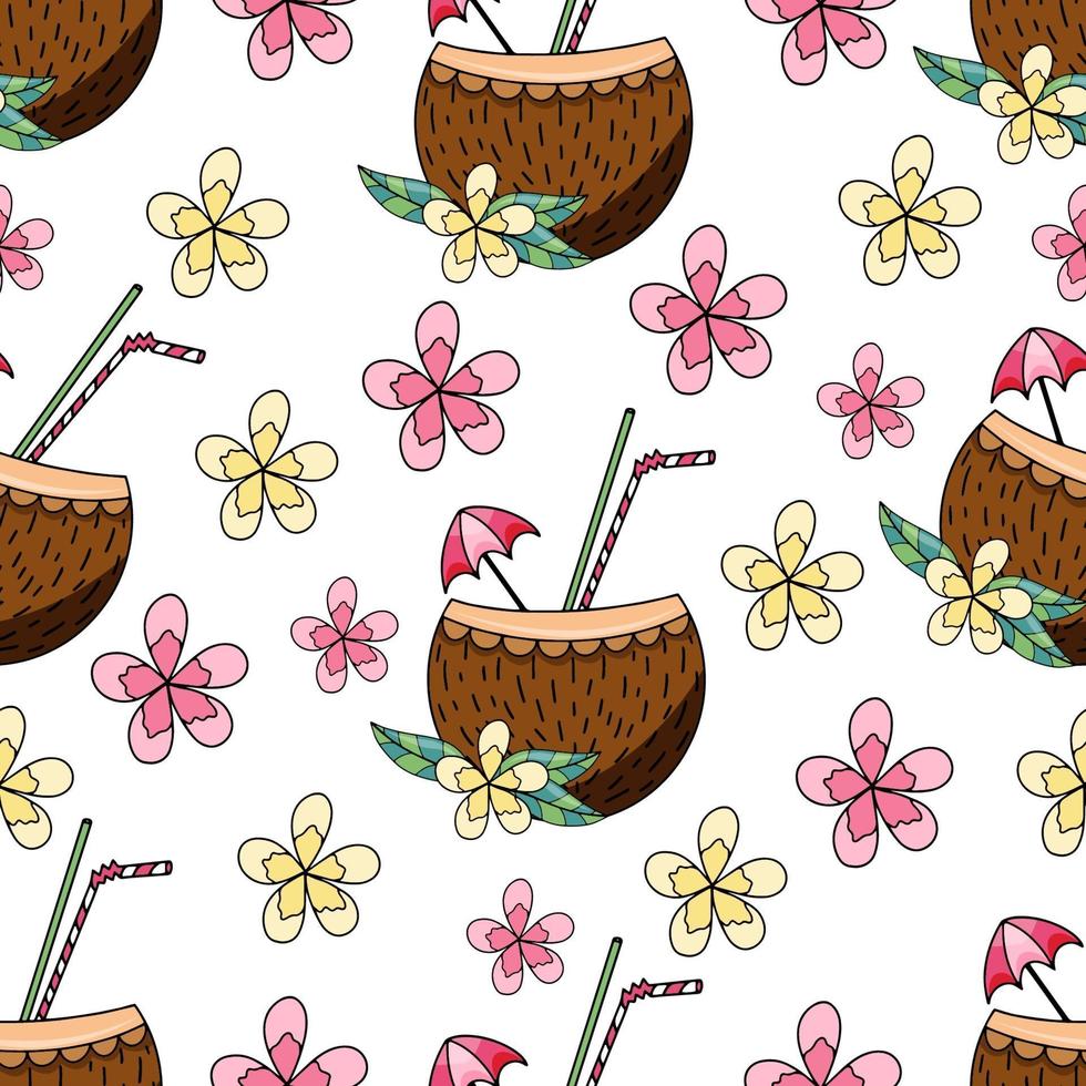 Ilustración de vector de patrones sin fisuras de coctail de coco y flores para impresión textil