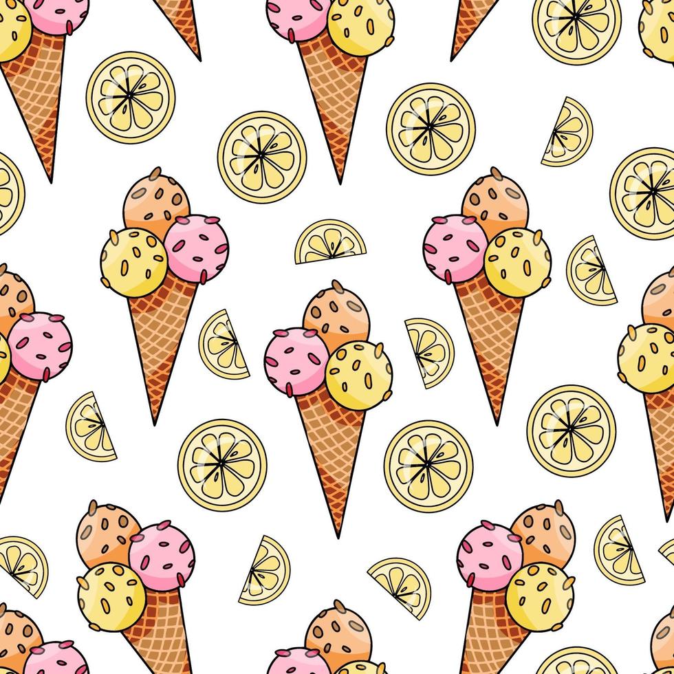 Vector seamless pattern with hand drawn ice cream and lemon slices