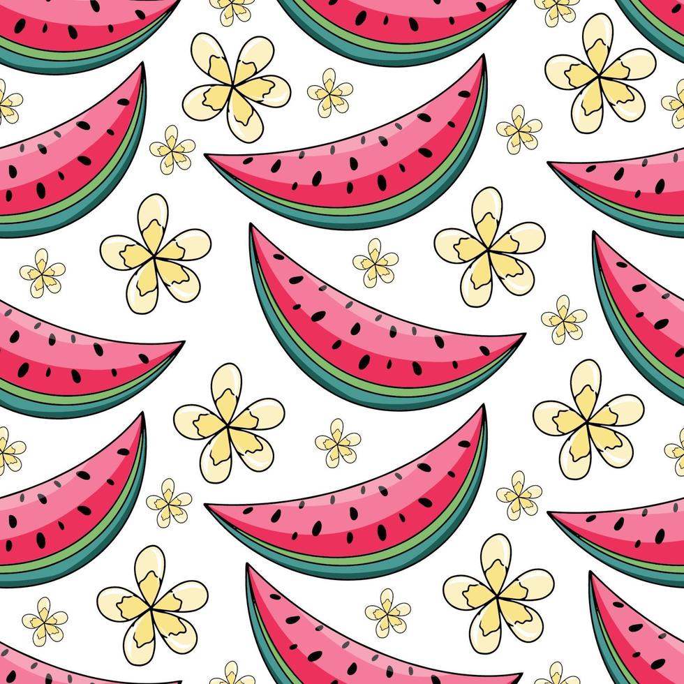 Summer watermelon and yellow flowers seamless pattern on white background. Vector illustration for textile print, wallpaper, fashion design