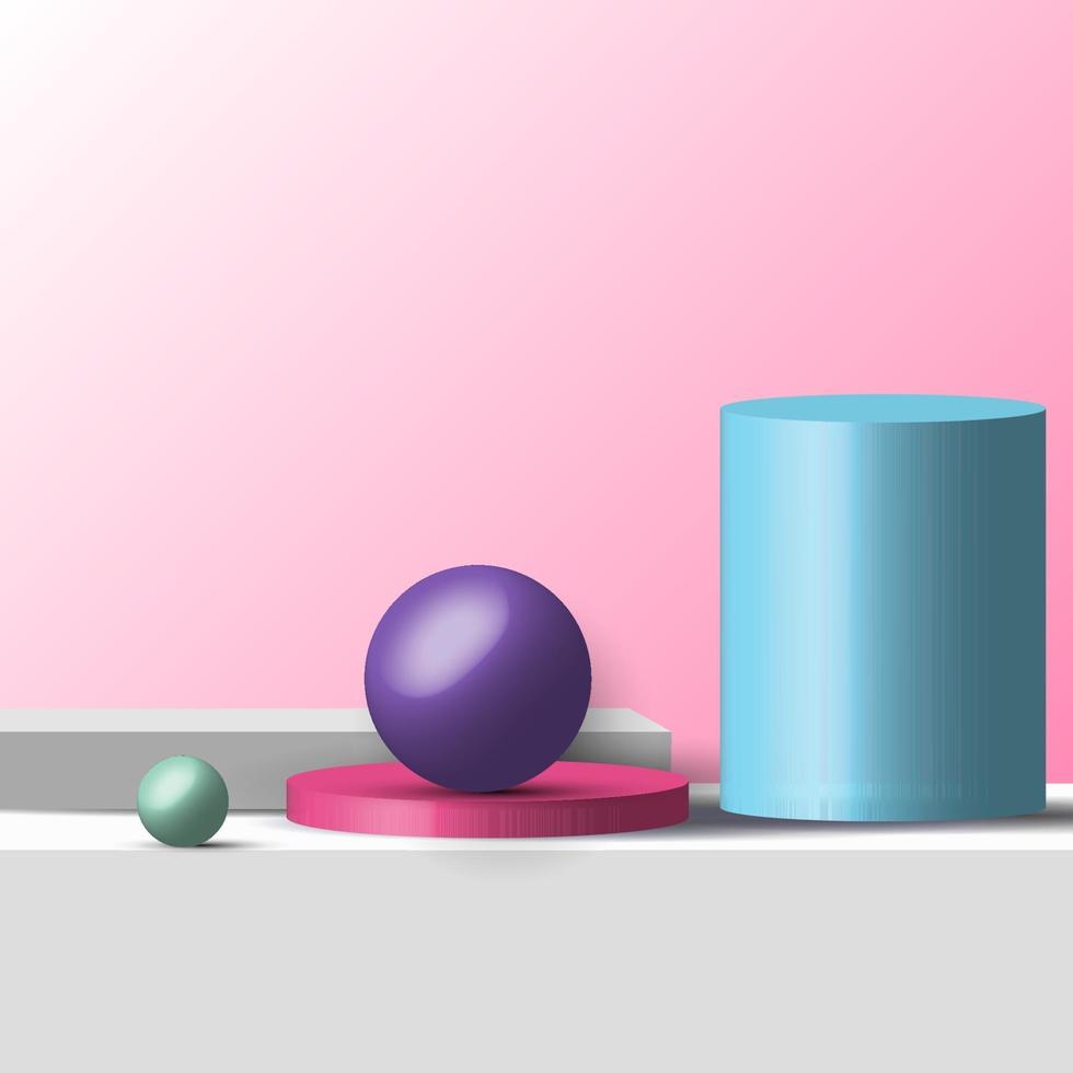 3D realistic geometric shapes pastel color product shelf standing backdrop with circle blank pedestal podium display on pink background vector