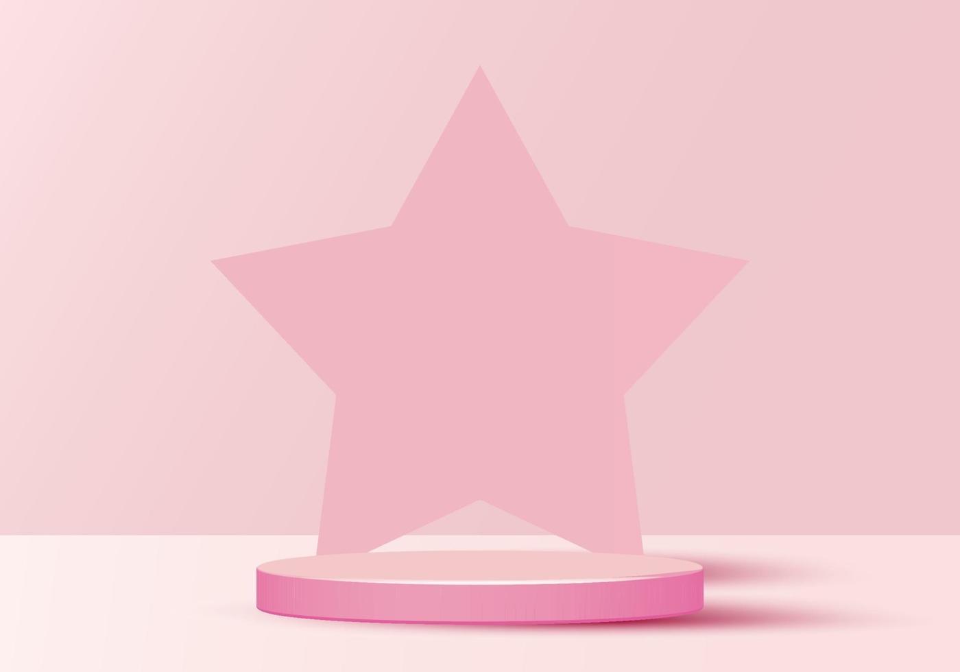 3D minimal scene cylinder podium in soft pink background with star shape backdrop vector