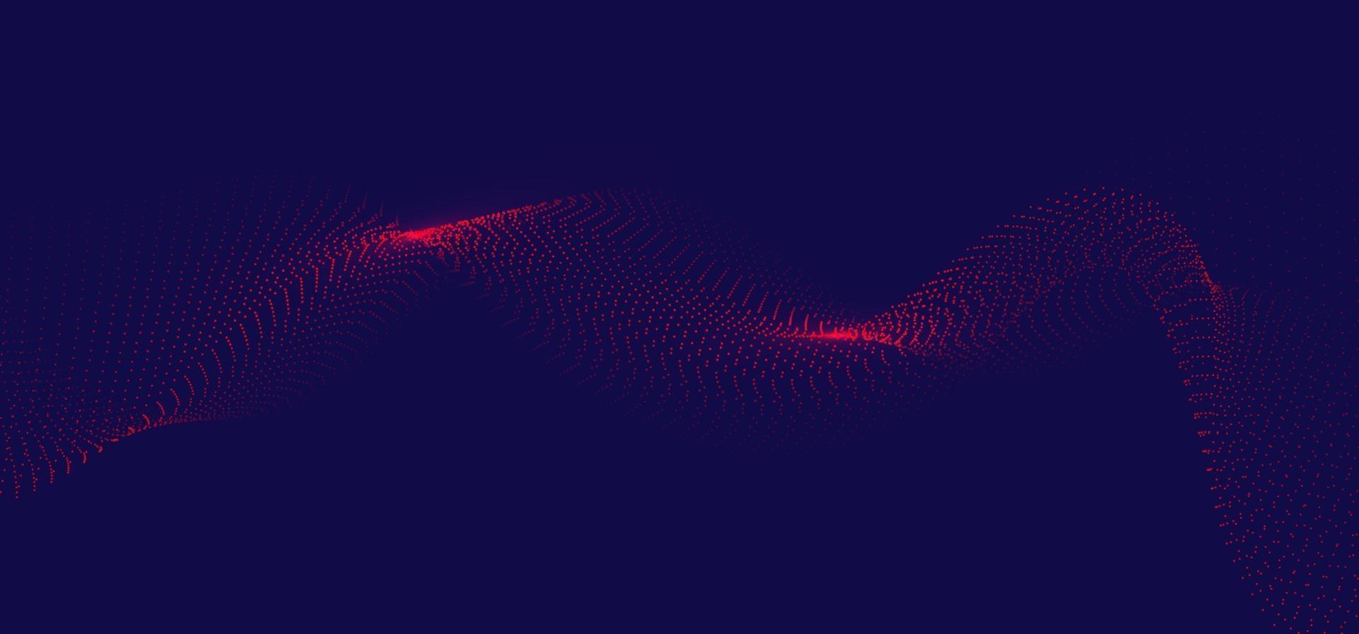 Abstract flowing red wavy lines dots particles on dark blue background vector