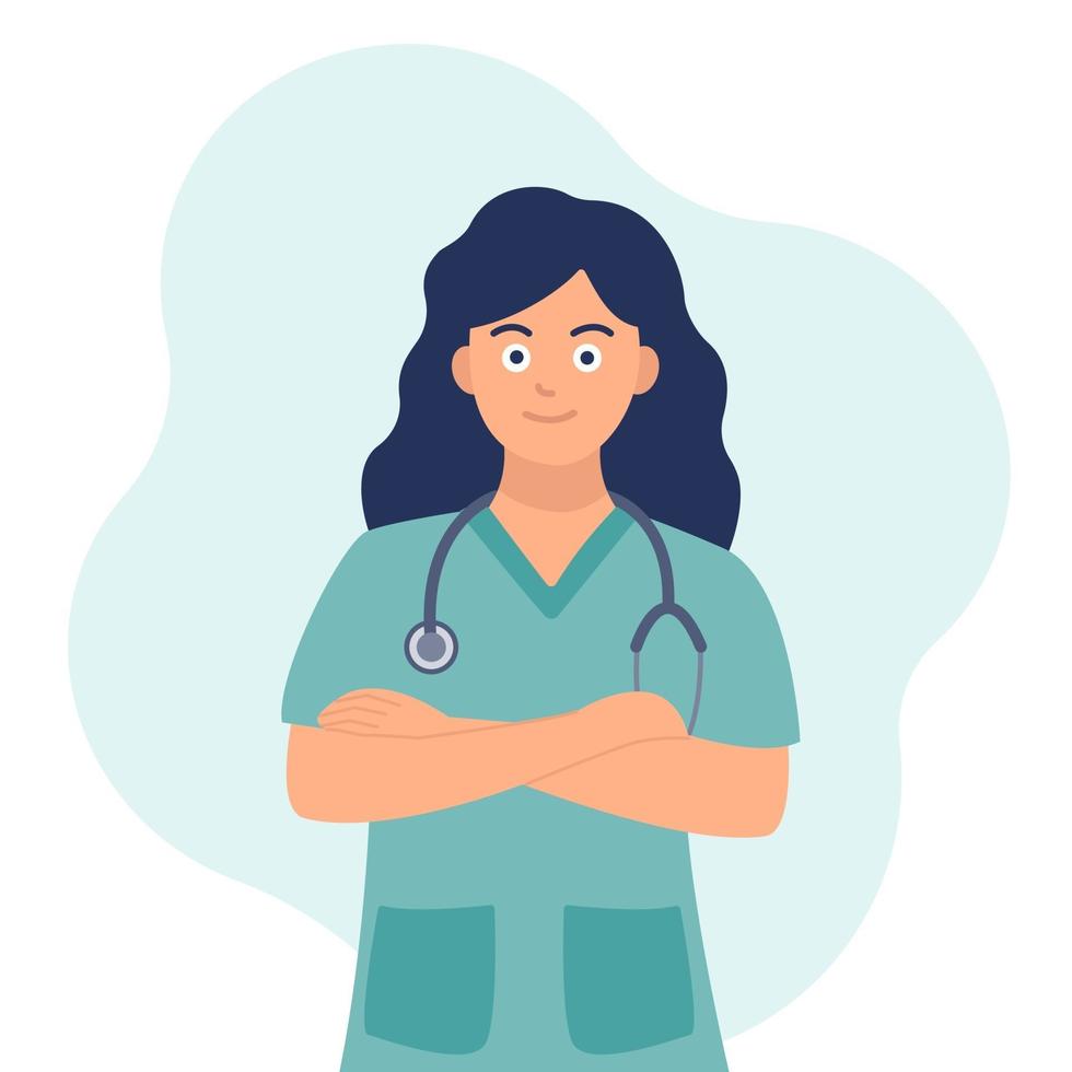 retrato de una doctora sonriente con estetoscopio en el cuello, brazos cruzados. vector de imagen plana aislada en un fondo blanco