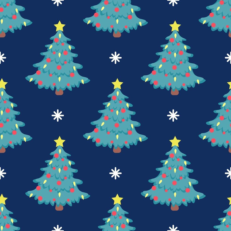 Vector seamless Christmas tree pattern with red balloons and a bright yellow star on top on a blue background with snowflakes