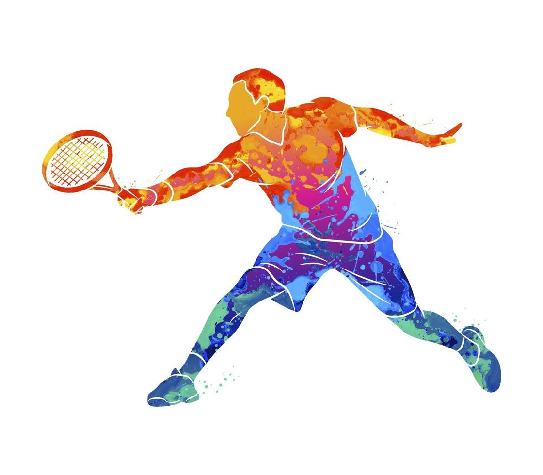 Abstract tennis player with a racket from splash of watercolors. Vector illustration of paints