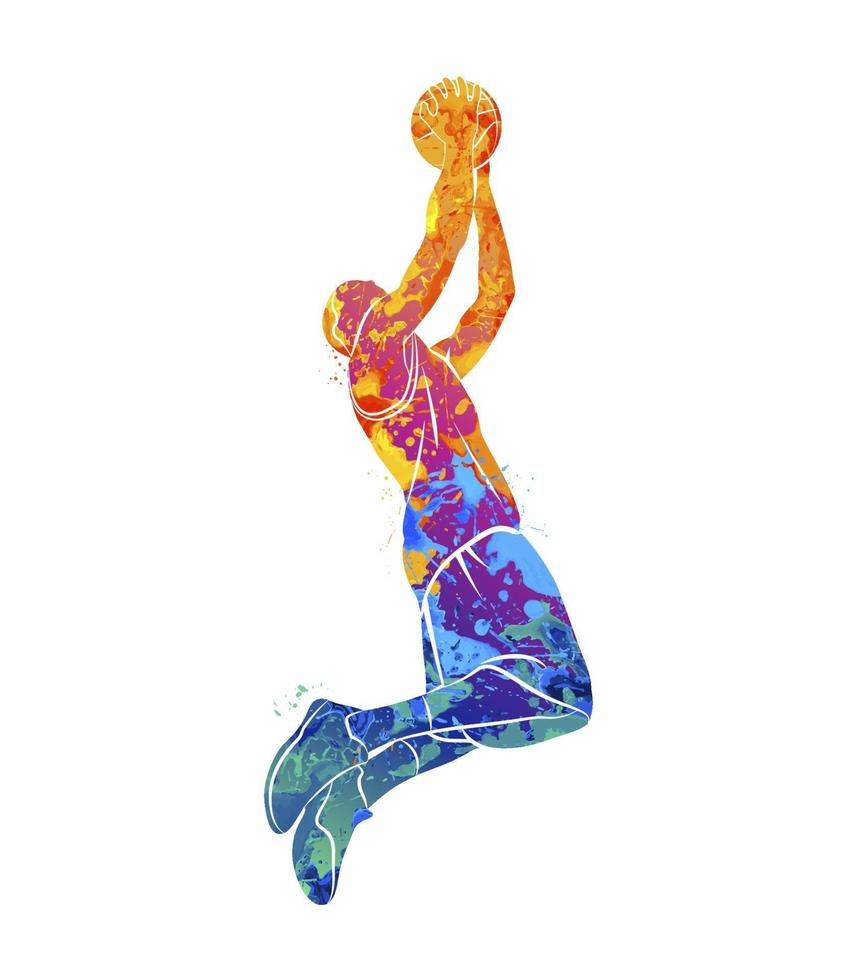 Abstract basketball player with ball from splash of watercolors. Vector illustration of paints