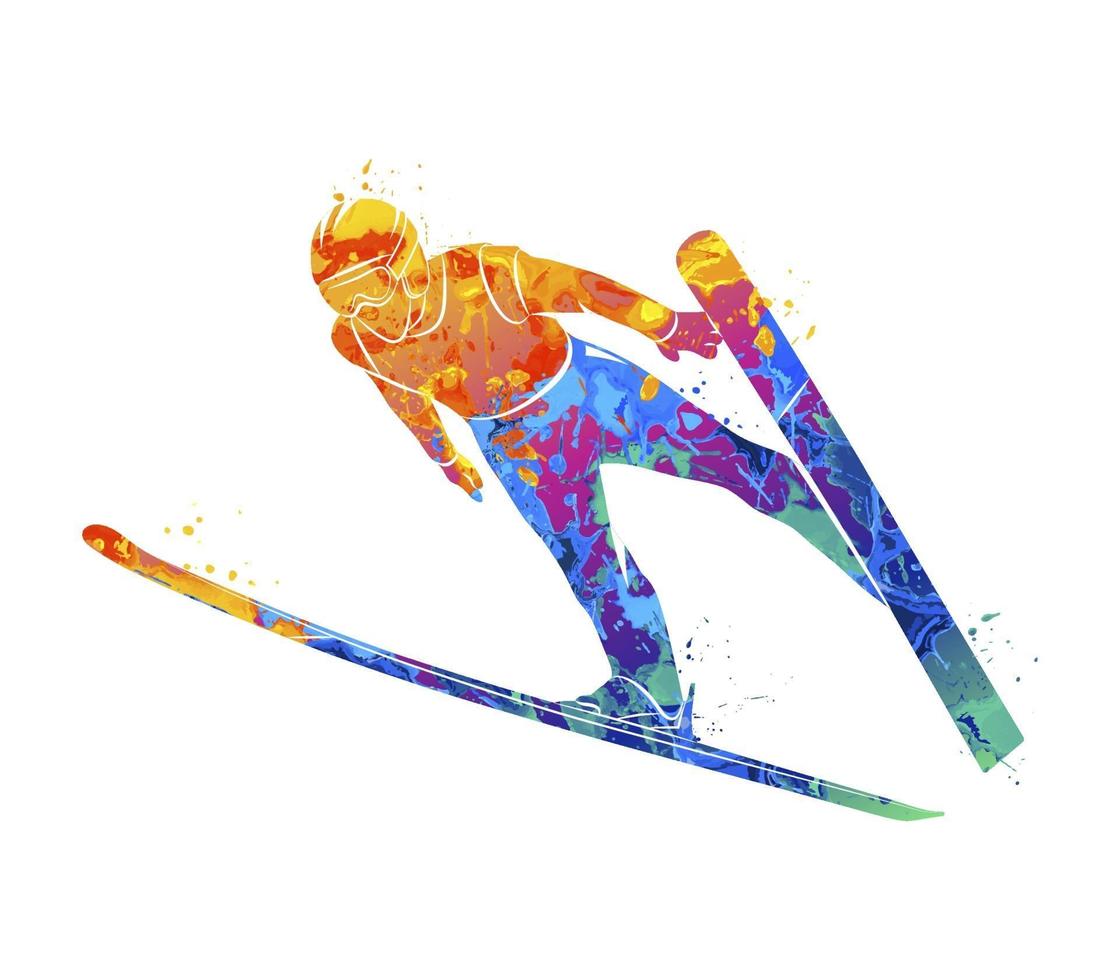 Abstract jumping skier from splash of watercolors. Vector illustration of paints