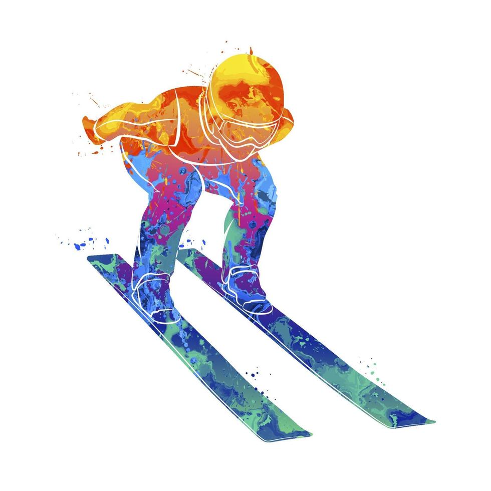 Abstract jumping skier from splash of watercolors. Vector illustration of paints