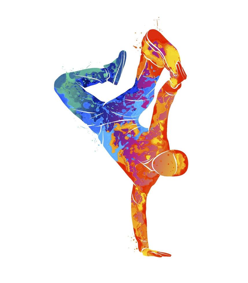 Abstract young man break dancing from splash of watercolors. Vector illustration of paints