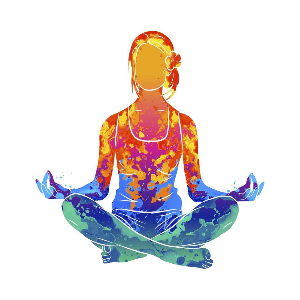 Abstract woman meditating from splash of watercolors. Lotus yoga pose Fitness. Vector illustration of paints