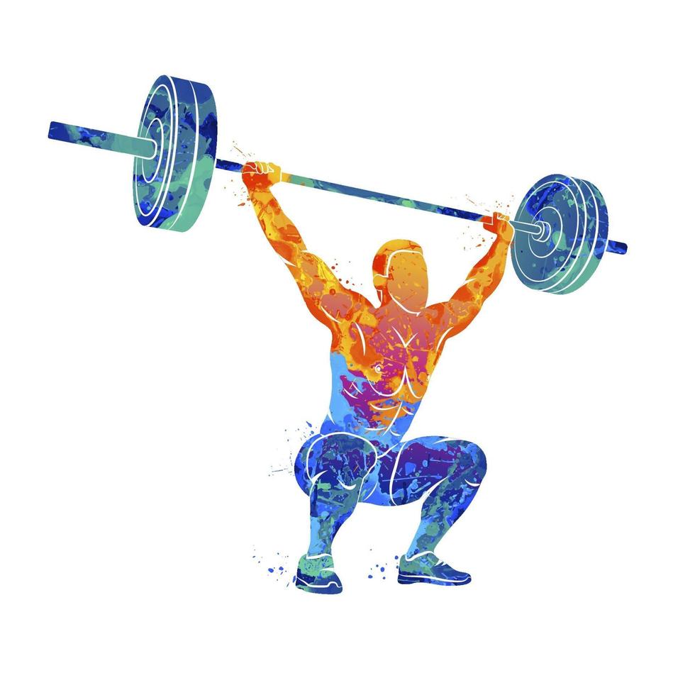Abstract strong man lifting weights powerlifting weightlifting from splash of watercolors. Vector illustration of paints