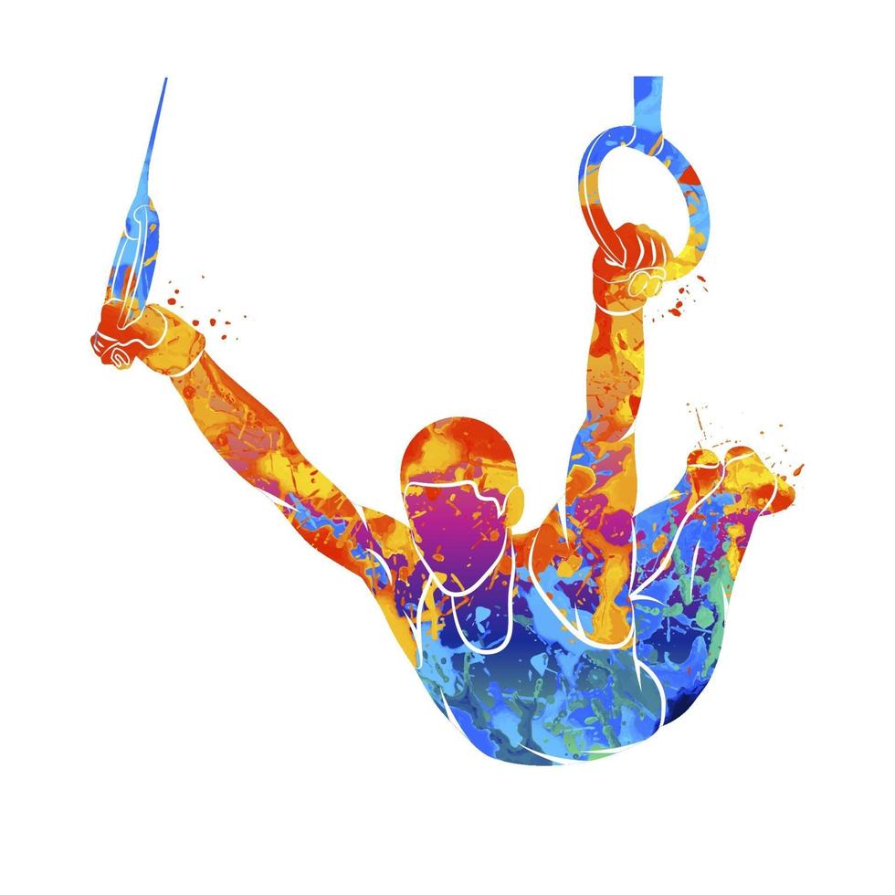 Abstract gymnast on rings from splash of watercolors. Vector illustration of paints