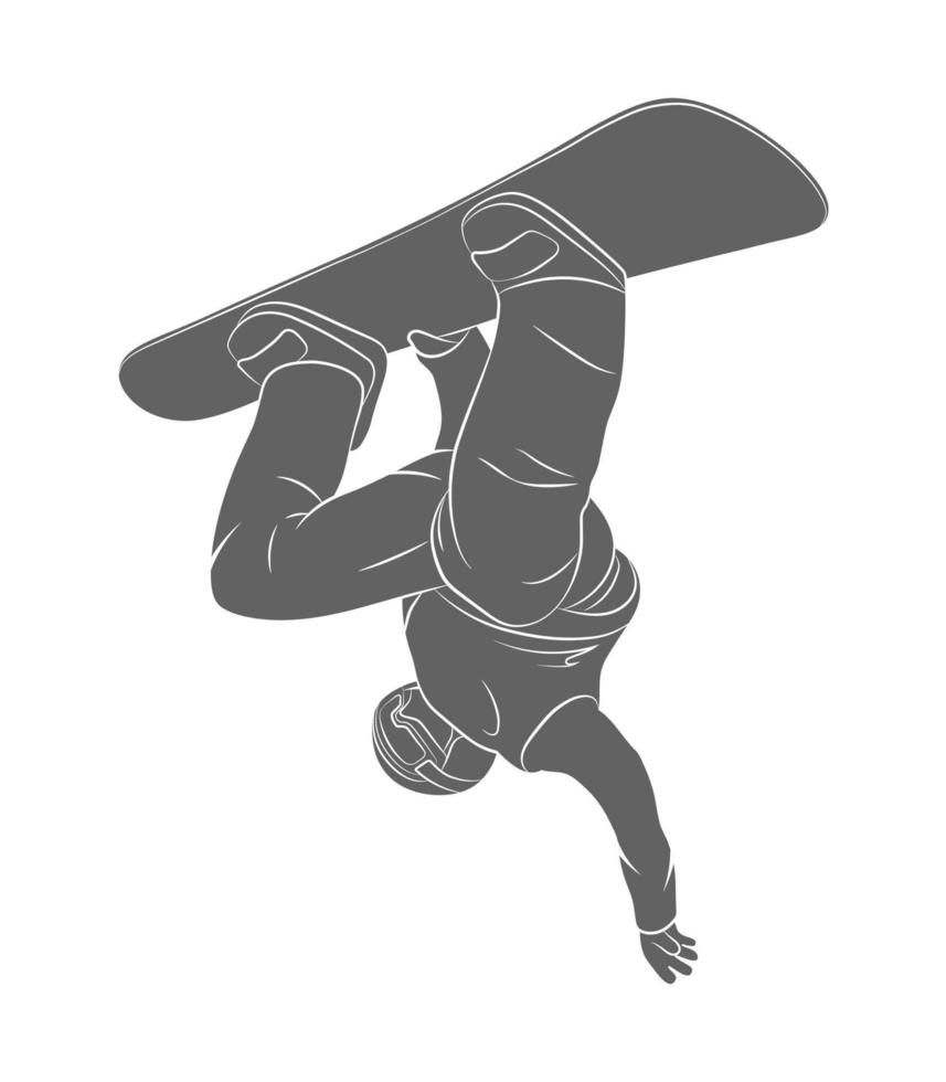 Silhouette jumping freestyle snowboarder on a white background. Winter sport. Vector illustration