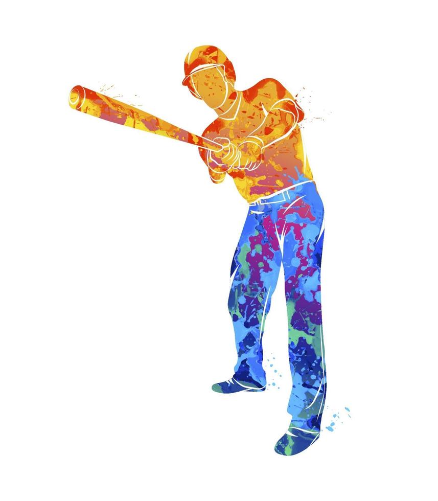 Abstract baseball player hitting the ball out of the splash watercolor. Vector illustration of paints