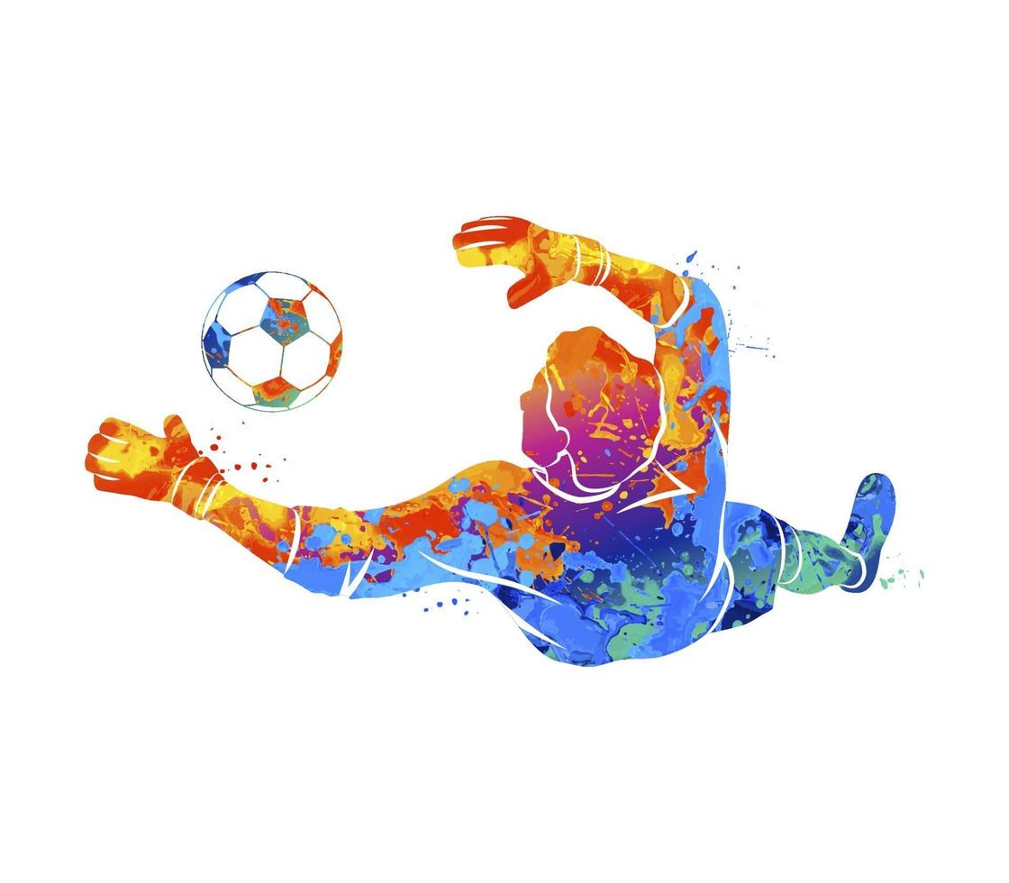 Abstract football goalkeeper is jumping for the ball Soccer from a splash of watercolors. Vector illustration of paints