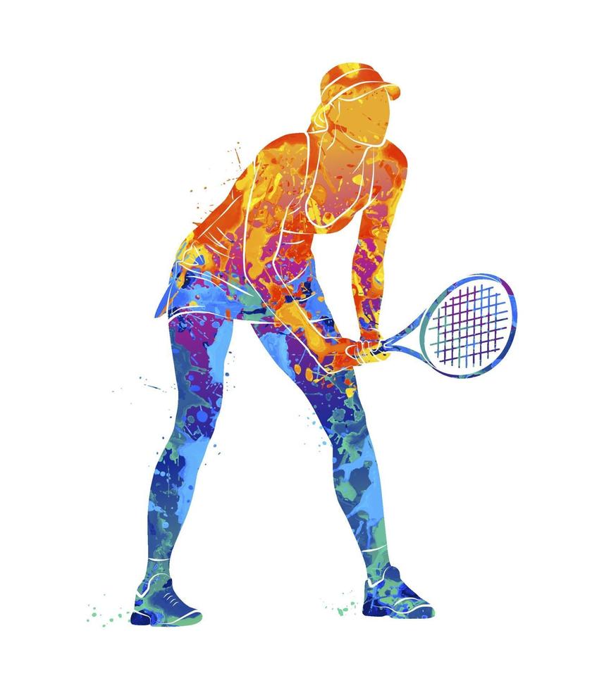 Abstract tennis player with a racket from splash of watercolors. Vector illustration of paints