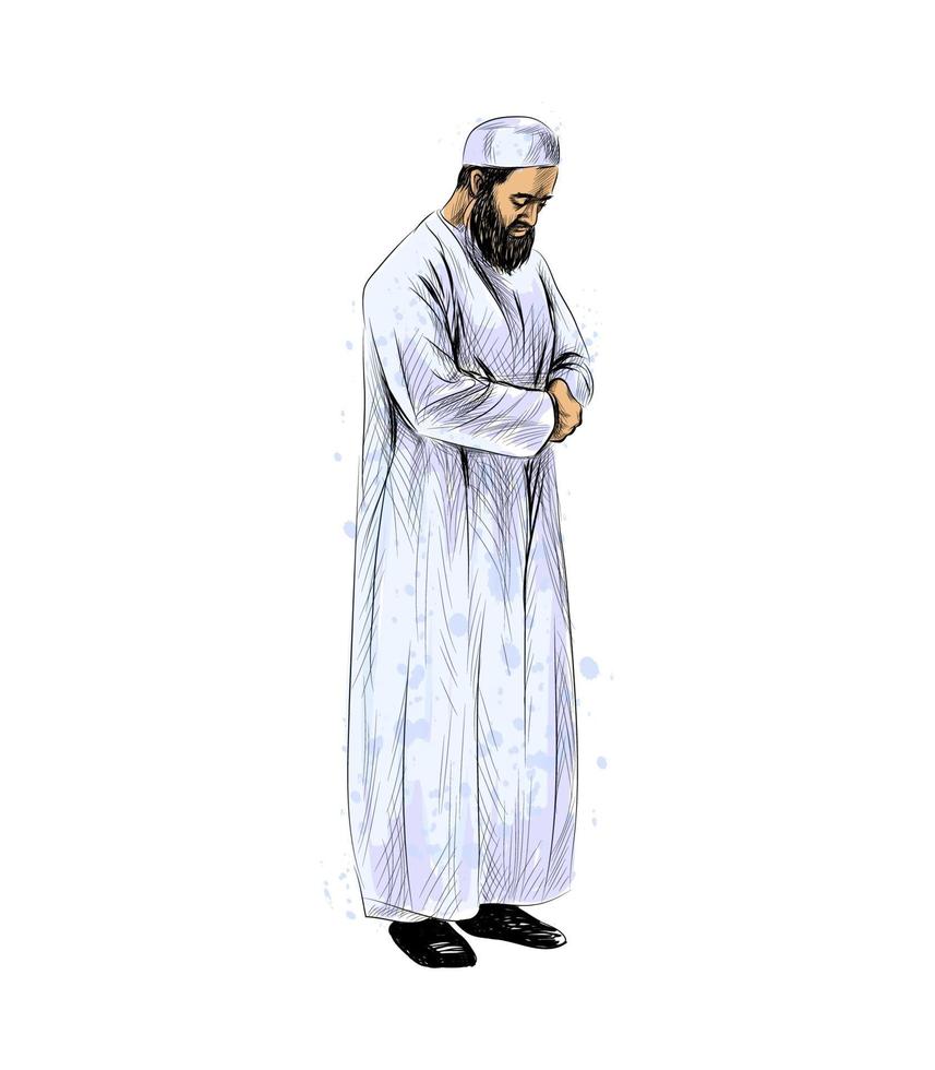Muslim man praying, hand drawn sketch. Vector illustration