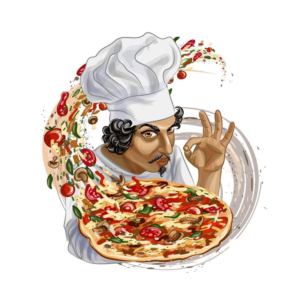 Italian chef holding pizza. Vector realistic illustration of paints
