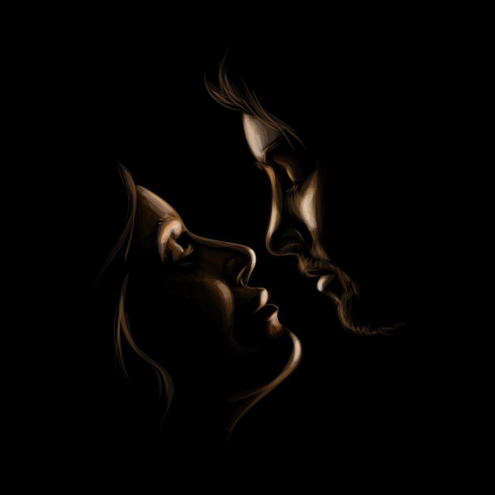 Beautiful woman and man kissing. Romantic couple in love. Golden silhouettes on a black background. Vector illustration