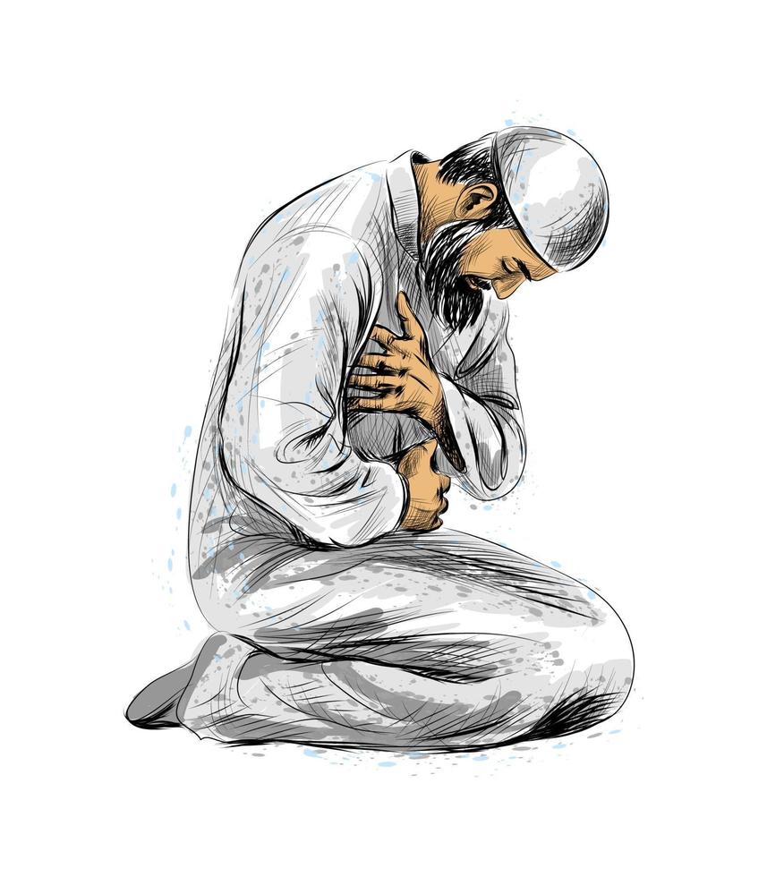 Muslim man praying, hand drawn sketch. Vector illustration