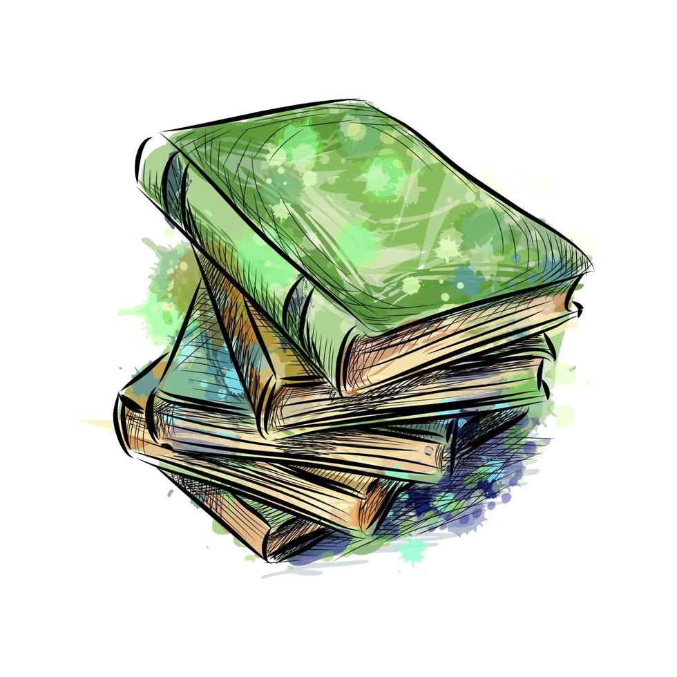Stack of multi colored books from a splash of watercolor, hand drawn sketch. Vector illustration of paints