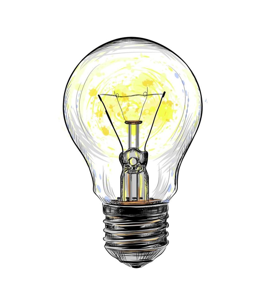 Incandescent light bulb glowing from a splash of watercolor, hand drawn sketch. Vector illustration of paints